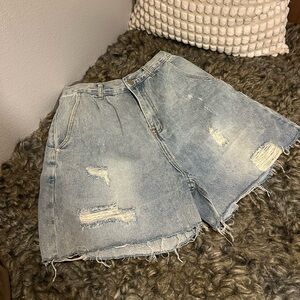 12th Tribe Light Blue Distressed Jean Shorts
